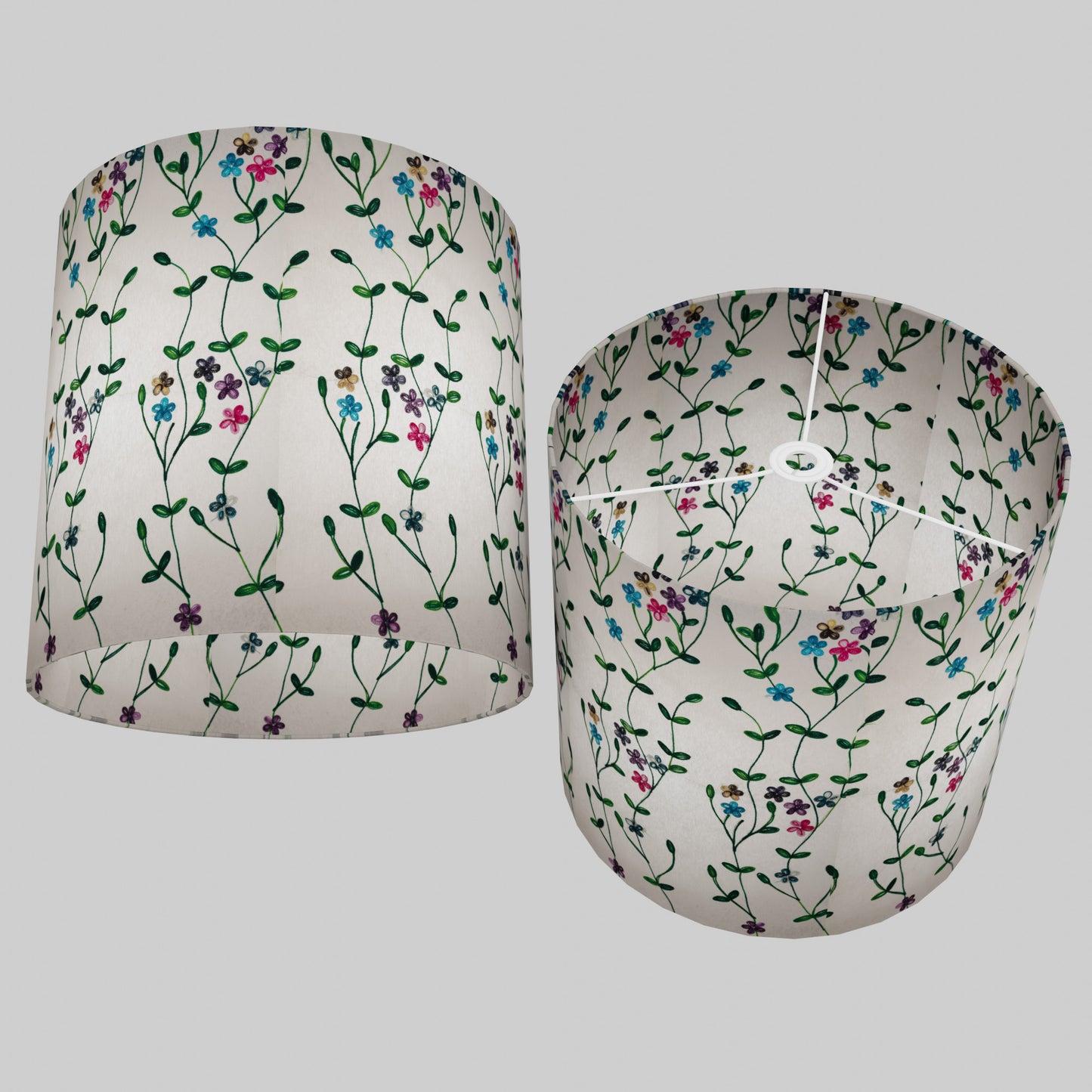 Drum Lamp Shade - P43 - Embroidered Flowers on White, 40cm(d) x 40cm(h)