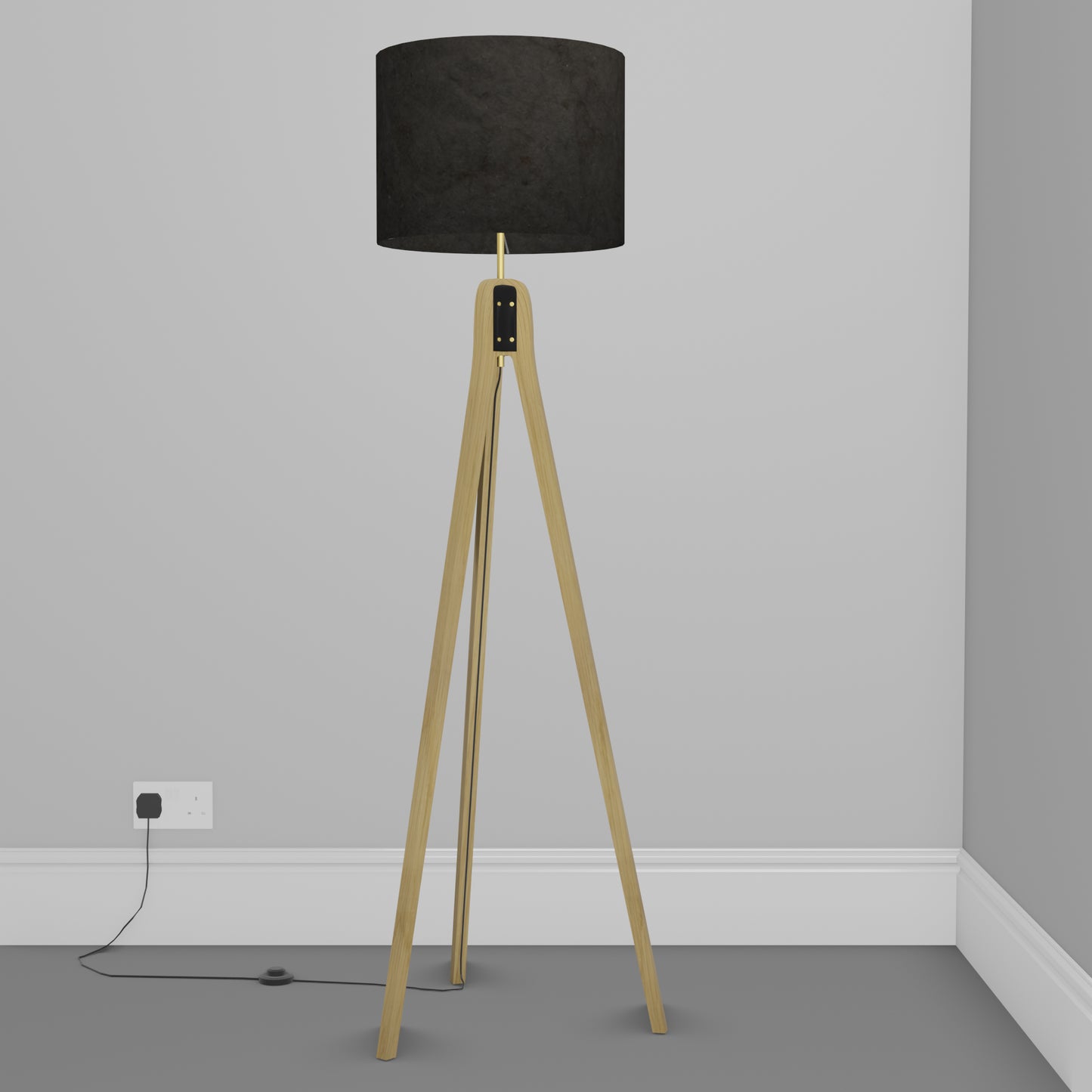 Oak Tripod Floor Lamp - P55 - Black Lokta