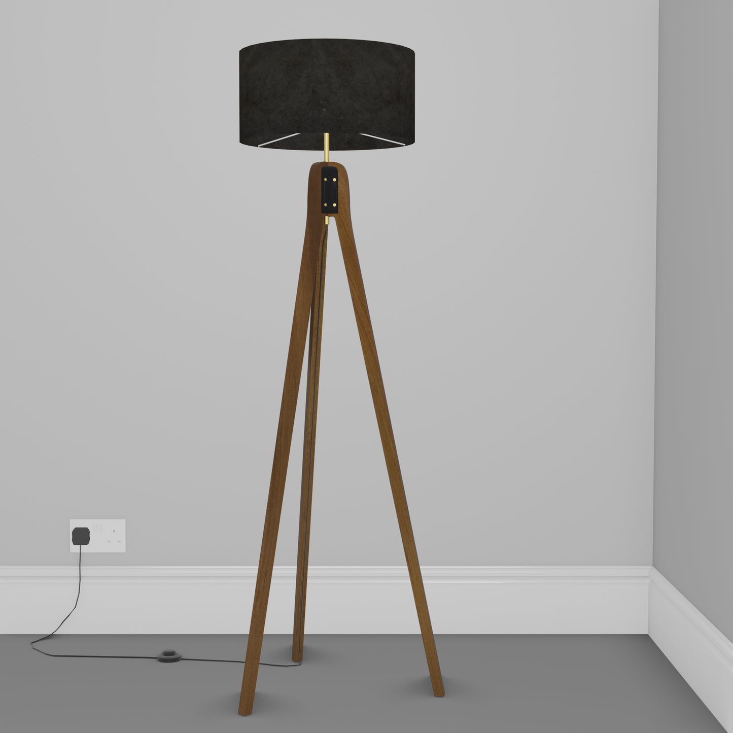Sapele Tripod Floor Lamp - P55 - Black Lokta
