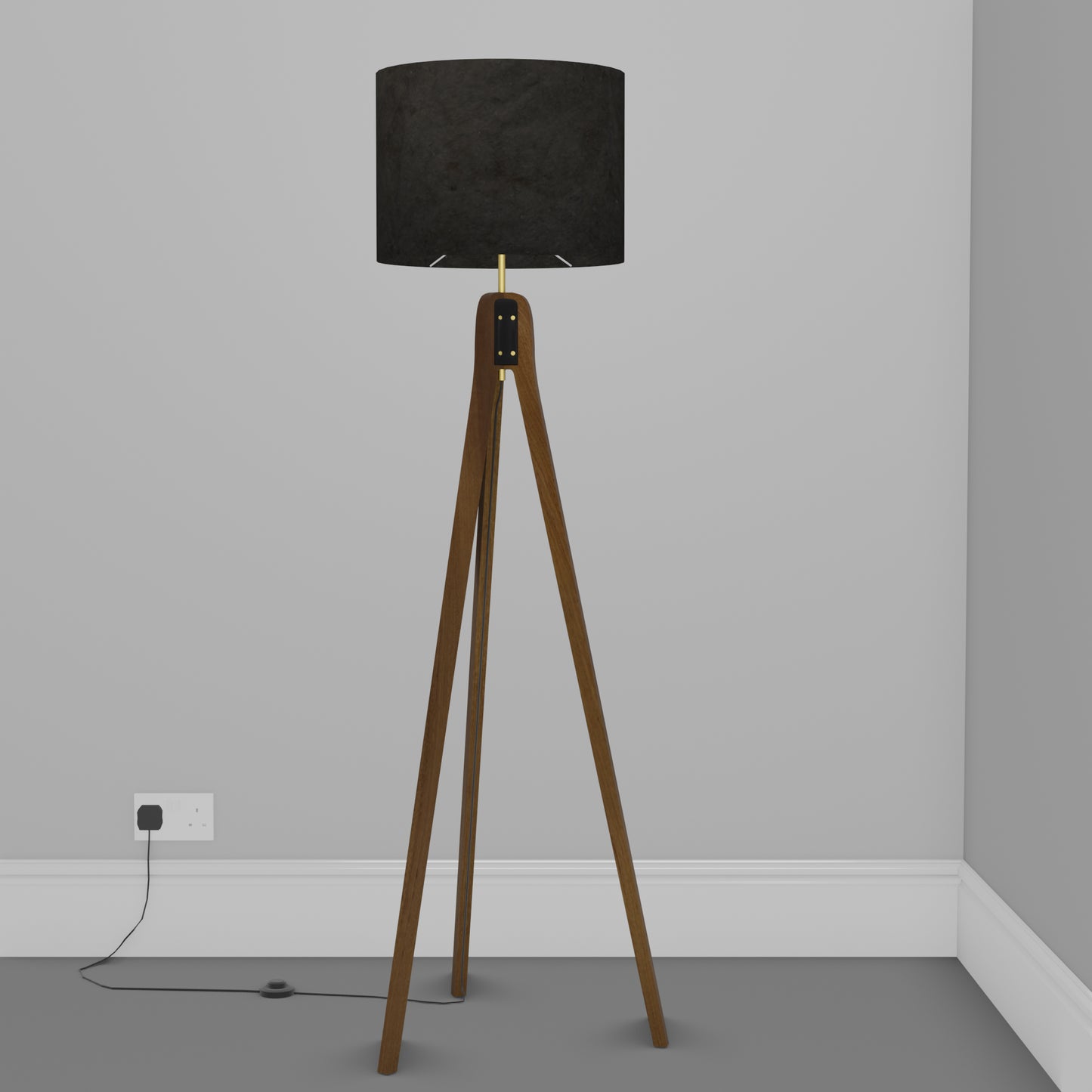 Sapele Tripod Floor Lamp - P55 - Black Lokta