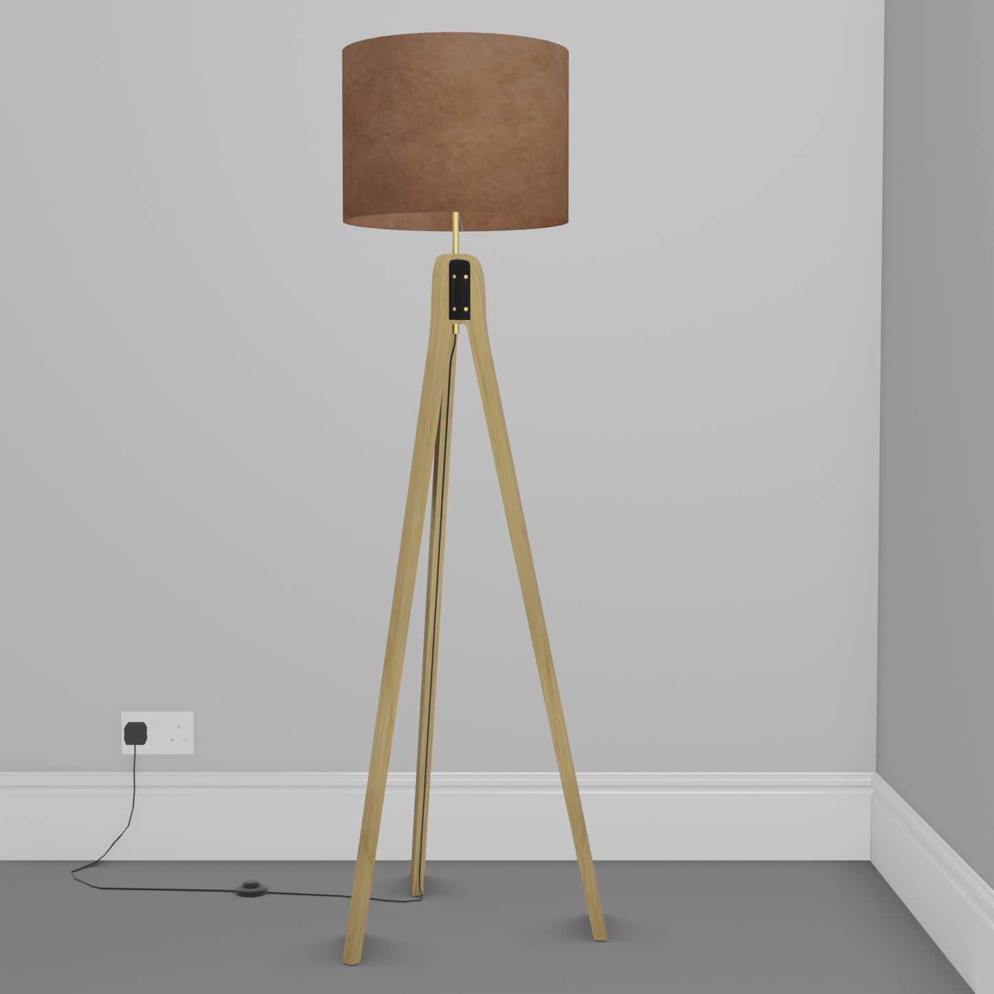 Oak Tripod Floor Lamp - P58 - Brown Lokta