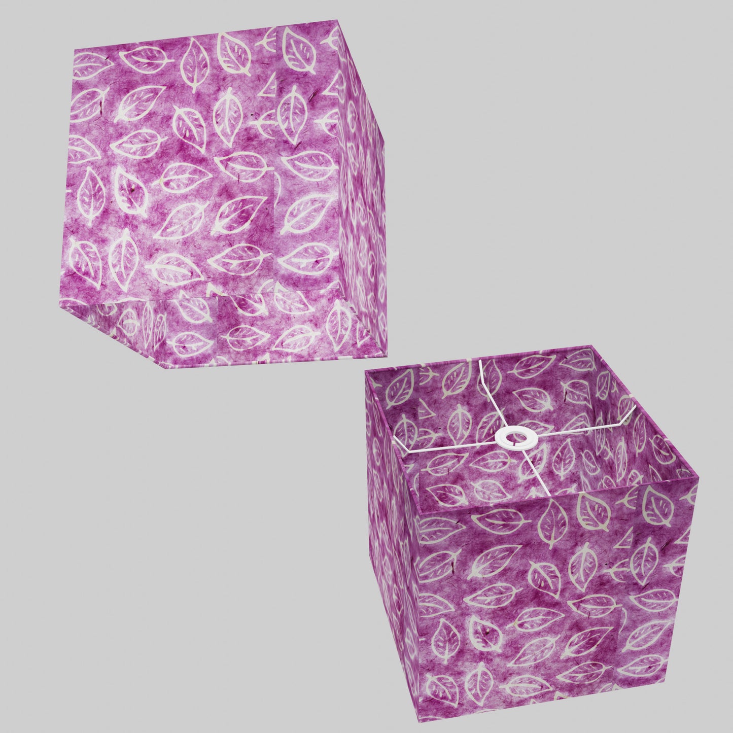 Square Lamp Shade - P68 - Batik Leaf on Purple, 30cm(w) x 30cm(h) x 30cm(d)