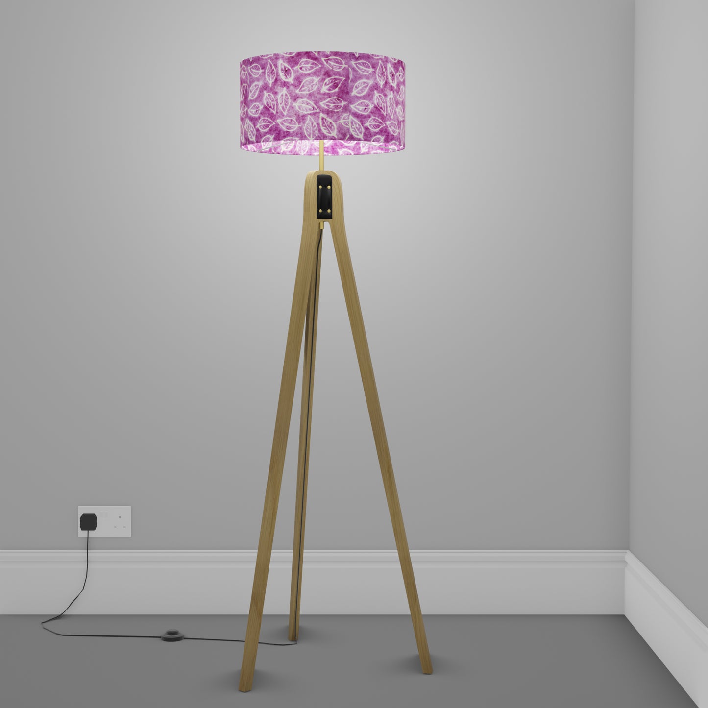 Oak Tripod Floor Lamp - P68 - Batik Leaf on Purple