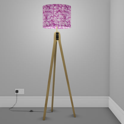 Oak Tripod Floor Lamp - P68 - Batik Leaf on Purple