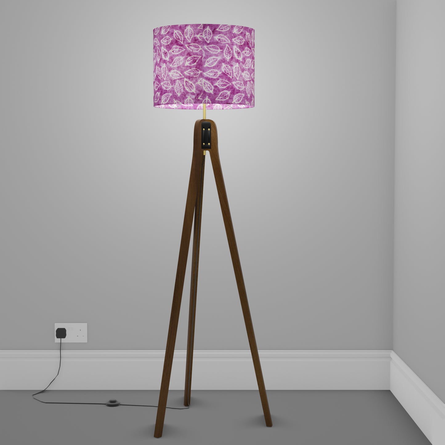 Sapele Tripod Floor Lamp - P68 - Batik Leaf on Purple