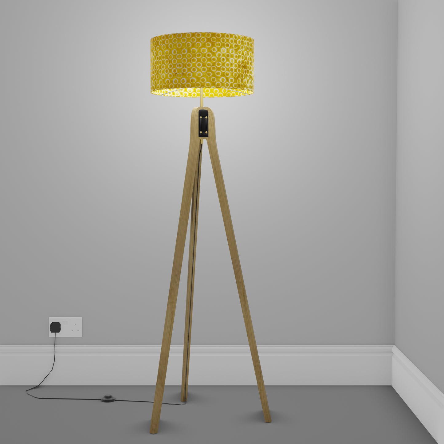 Oak Tripod Floor Lamp - P71 - Batik Yellow Circles