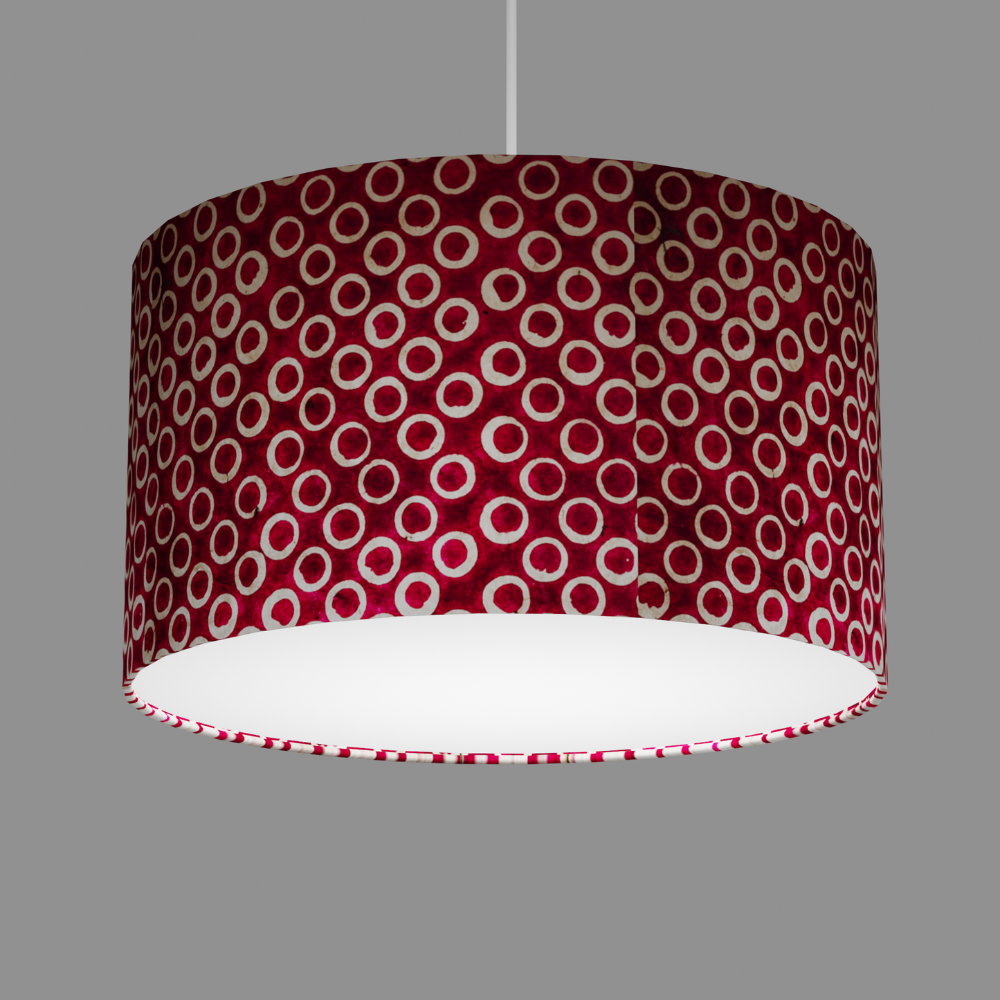 Drum Lamp Shade - P73 - Batik Cranberry Circles, 35cm(d) x 20cm(h)