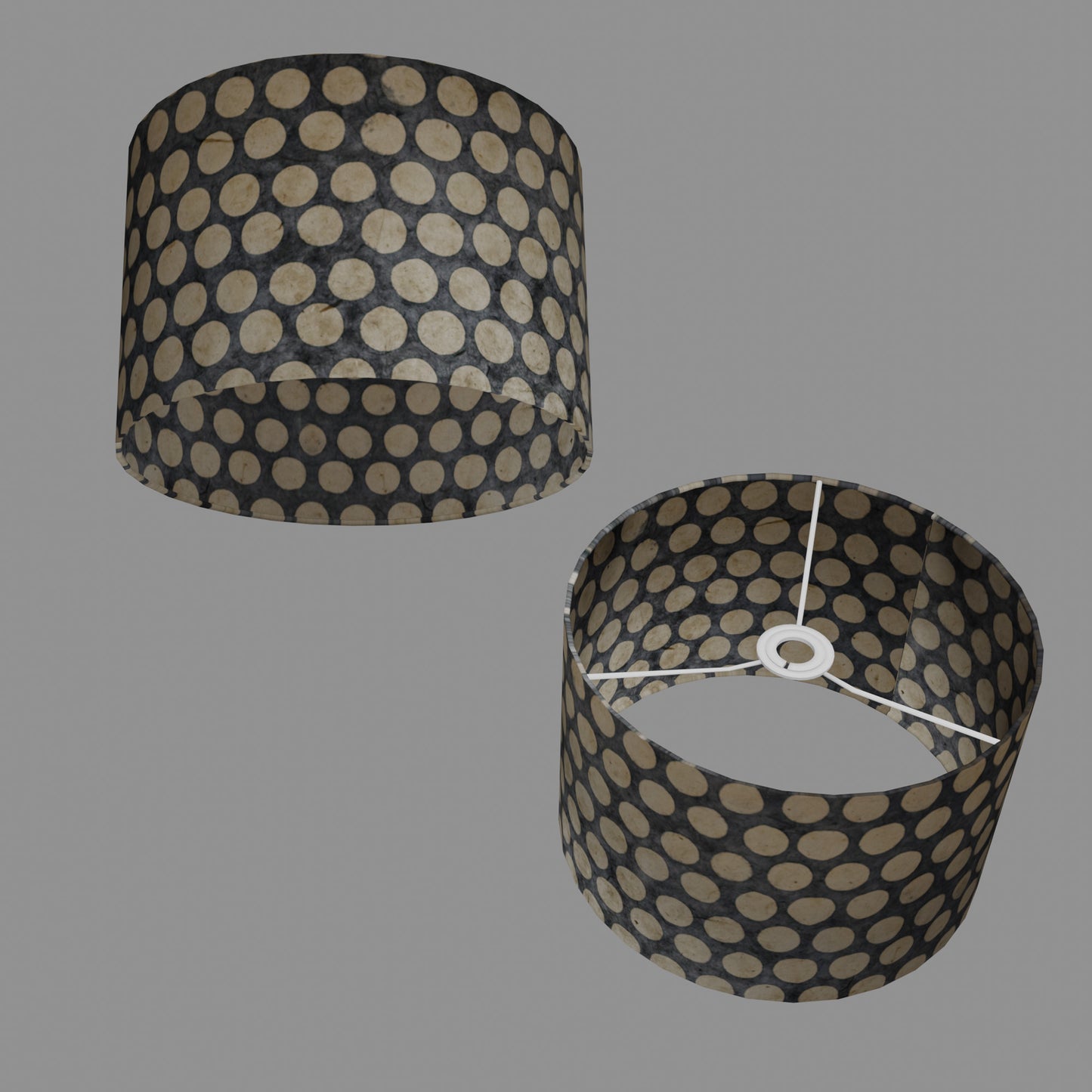 Drum Lamp Shade - P78 - Batik Dots on Grey, 30cm(d) x 20cm(h)