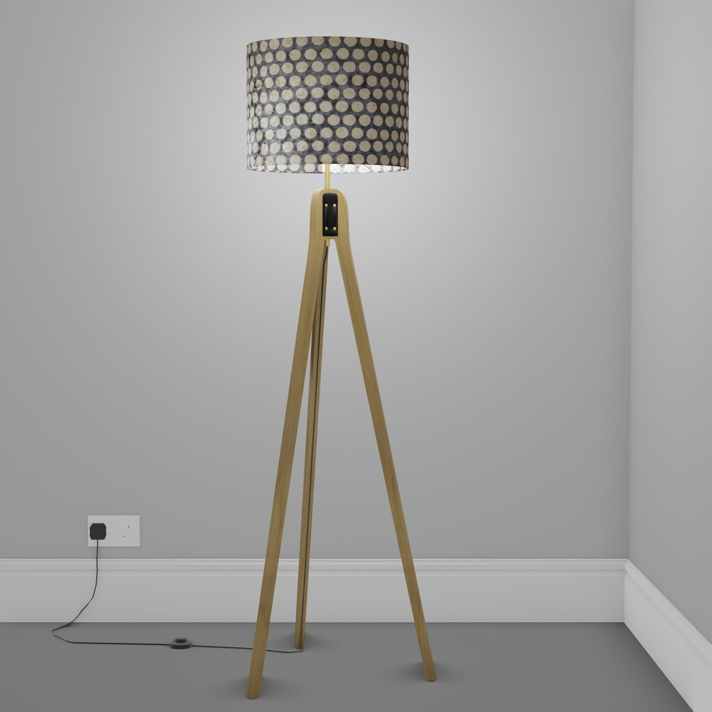Oak Tripod Floor Lamp - P78 - Batik Dots on Grey