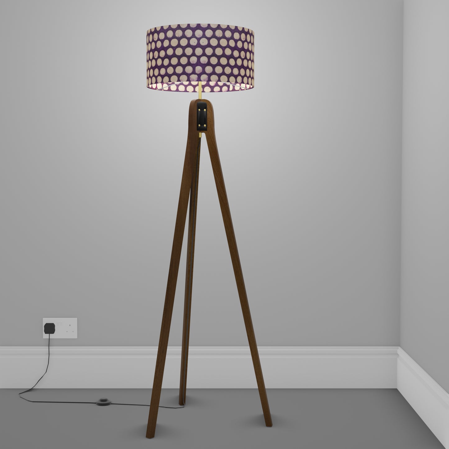 Sapele Tripod Floor Lamp - P79 - Batik Dots Purple