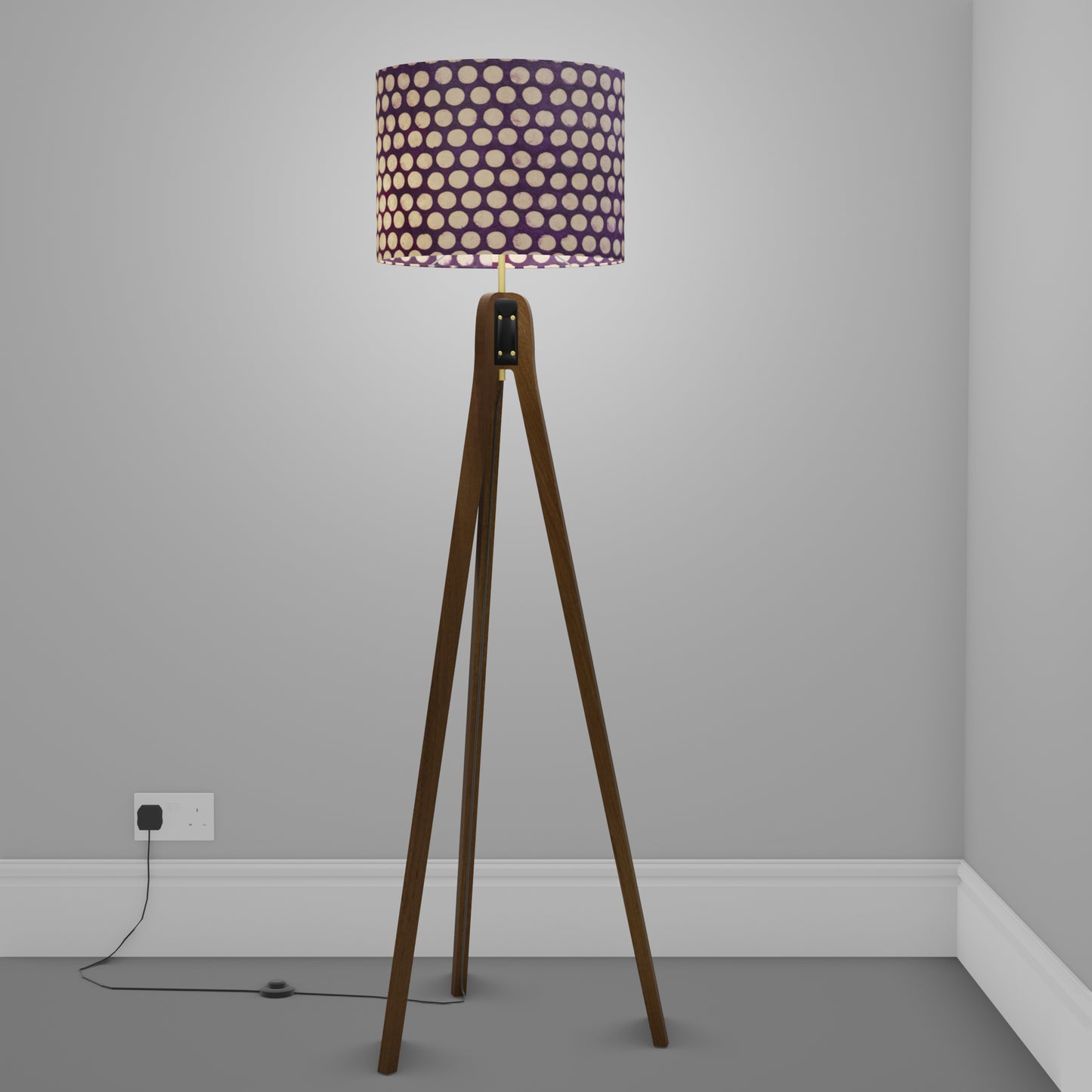 Sapele Tripod Floor Lamp - P79 - Batik Dots Purple
