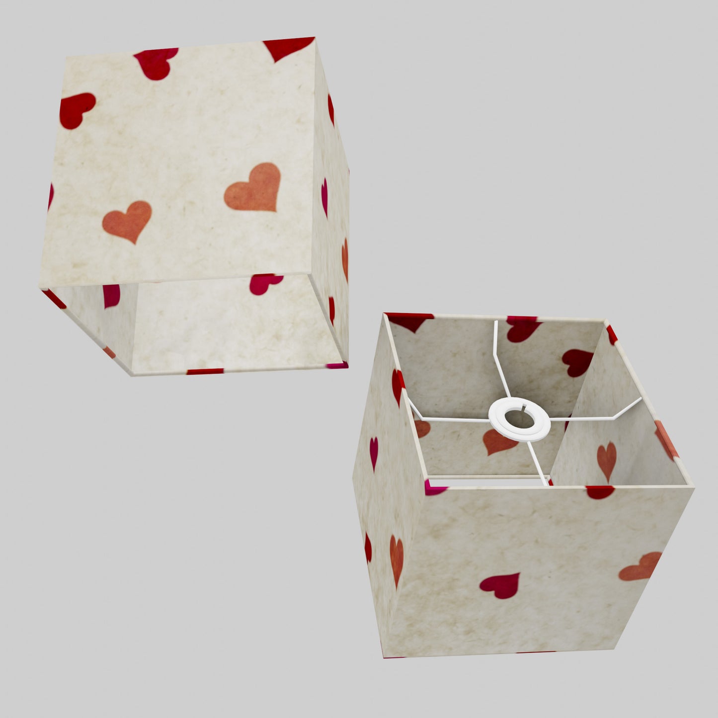 Square Lamp Shade - P82 ~ Hearts on Lokta Paper, 20cm(w) x 20cm(h) x 20cm(d)