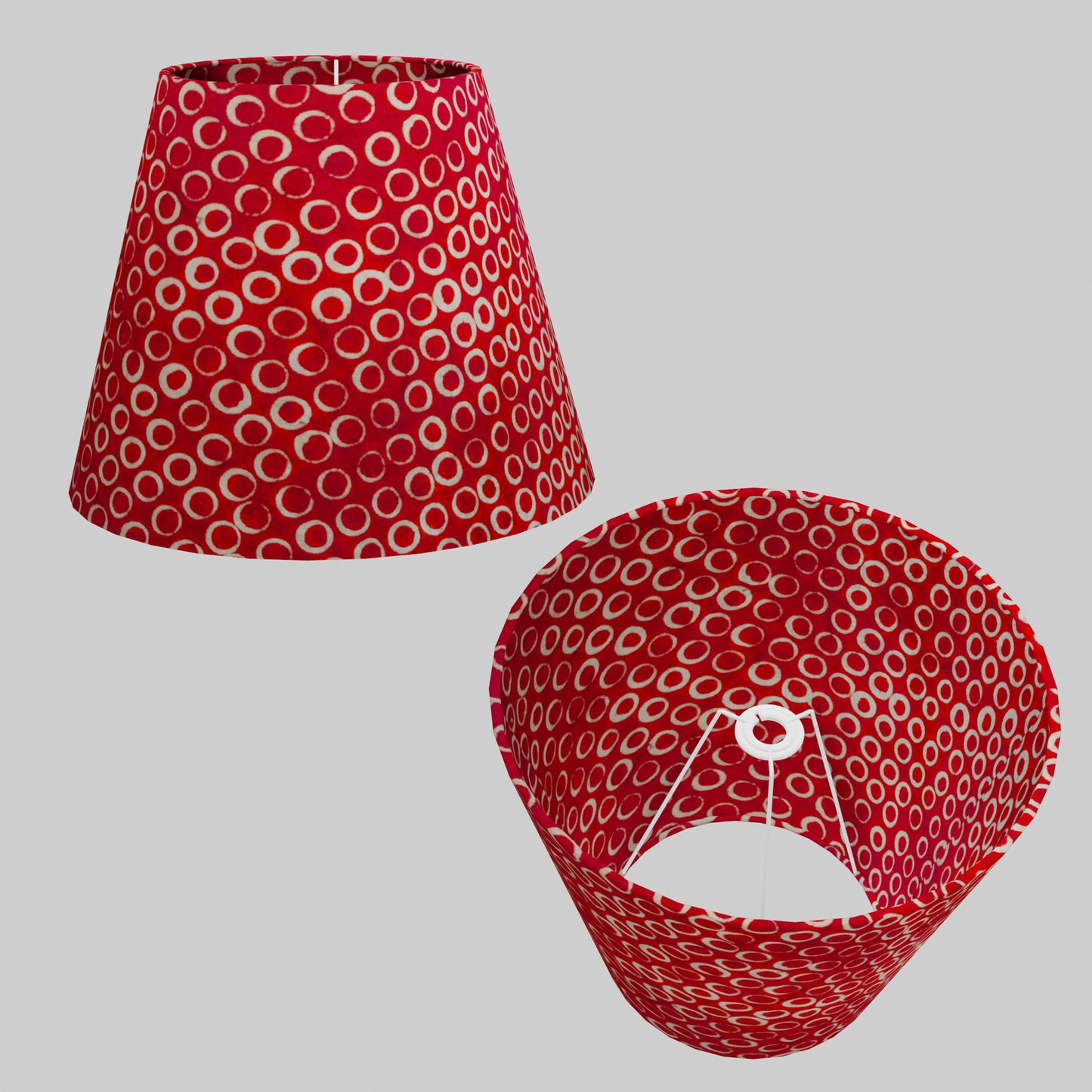 Conical Lamp Shade P83 - Batik Red Circles, 23cm(top) x 40cm(bottom) x 31cm(height)