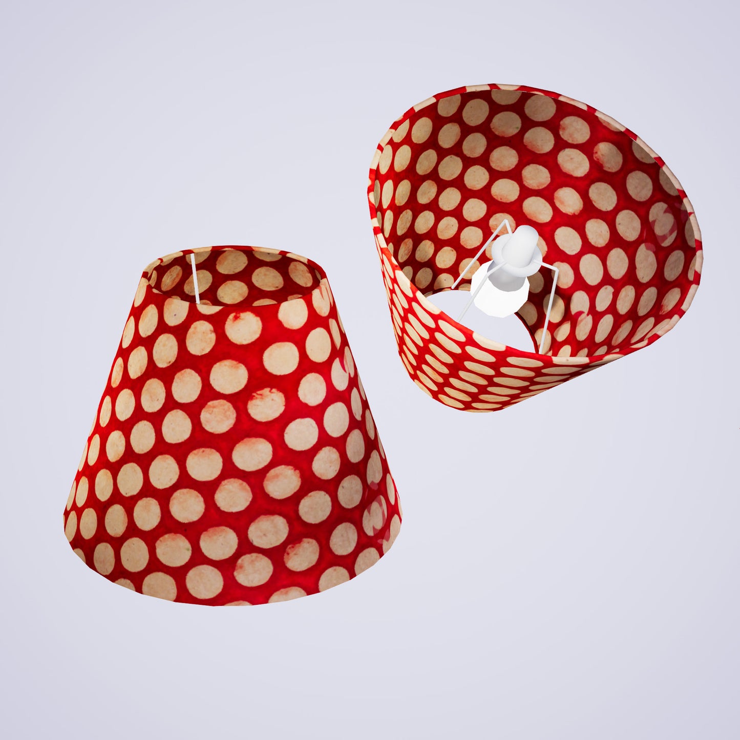 Conical Lamp Shade P84 - Batik Dots on Red, 15cm(top) x 30cm(bottom) x 22cm(height)