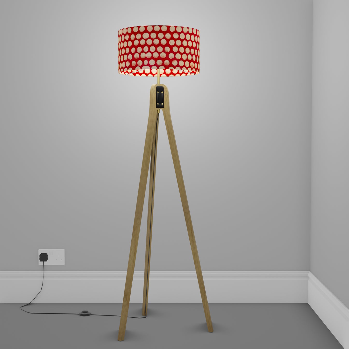 Oak Tripod Floor Lamp - P84 ~ Batik Dots on Red