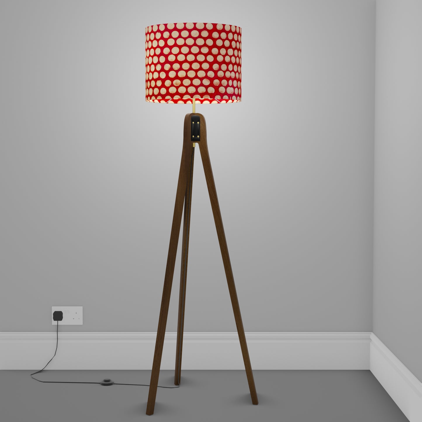 Sapele Tripod Floor Lamp - P84 ~ Batik Dots on Red
