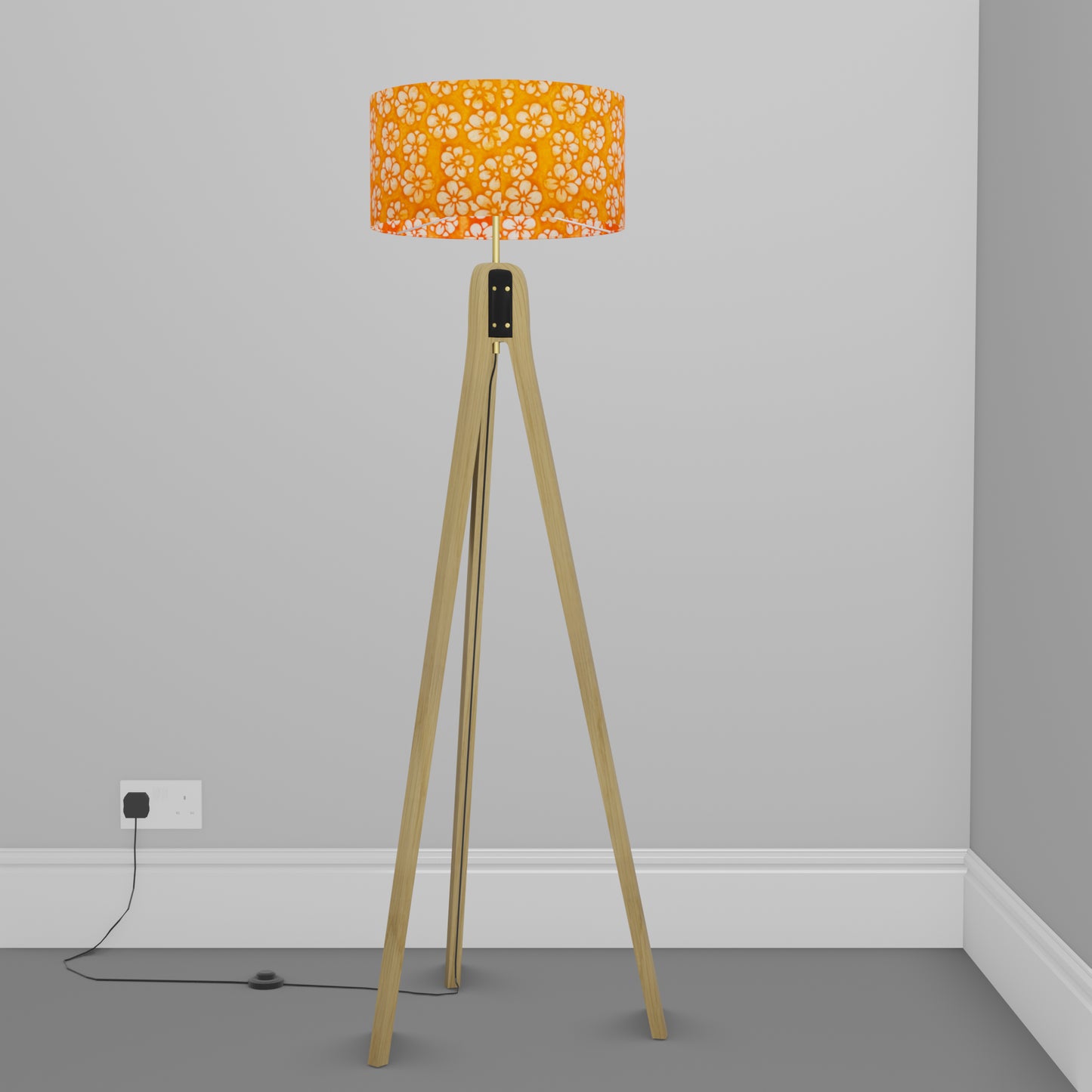 Oak Tripod Floor Lamp - P94 - Batik Star Flower on Orange