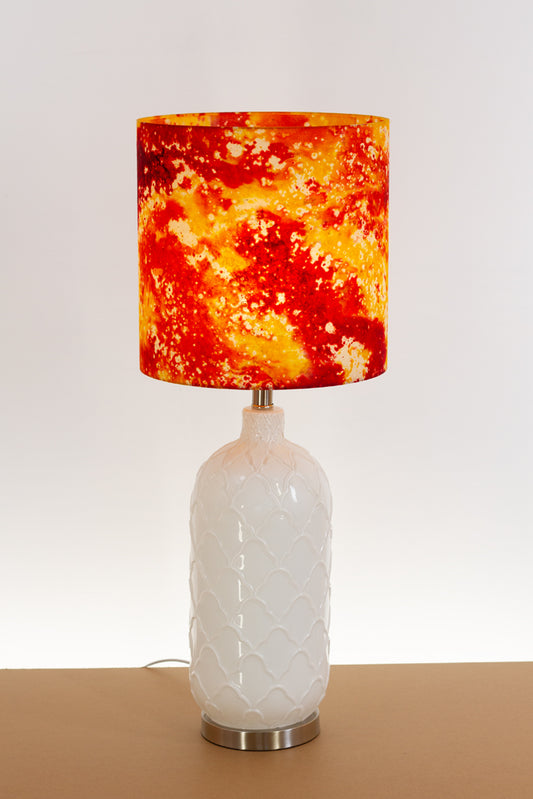 Pesa Tall Glass Touch Table Lamp Base in White Glass - Handmade Drum Lampshade (30cm x 30cm) B112 ~ Batik Lava Red Orange