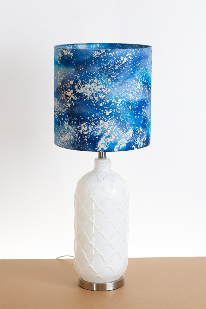 Pesa Tall Glass Touch Table Lamp Base in White Glass - Handmade Drum Lampshade (30cm x 30cm) B113 ~ Batik Ocean Blues