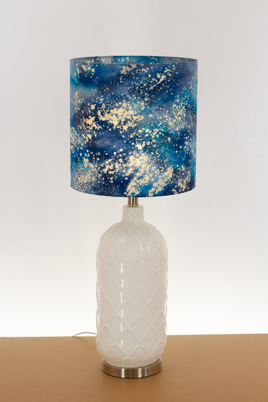 Pesa Tall Glass Touch Table Lamp Base in White Glass - Handmade Drum Lampshade (30cm x 30cm) B113 ~ Batik Ocean Blues