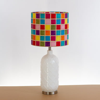 Pesa Tall Glass Touch Table Lamp Base in White Glass - Handmade Drum Lampshade (35cm x 30cm) P01 Batik Multi Square