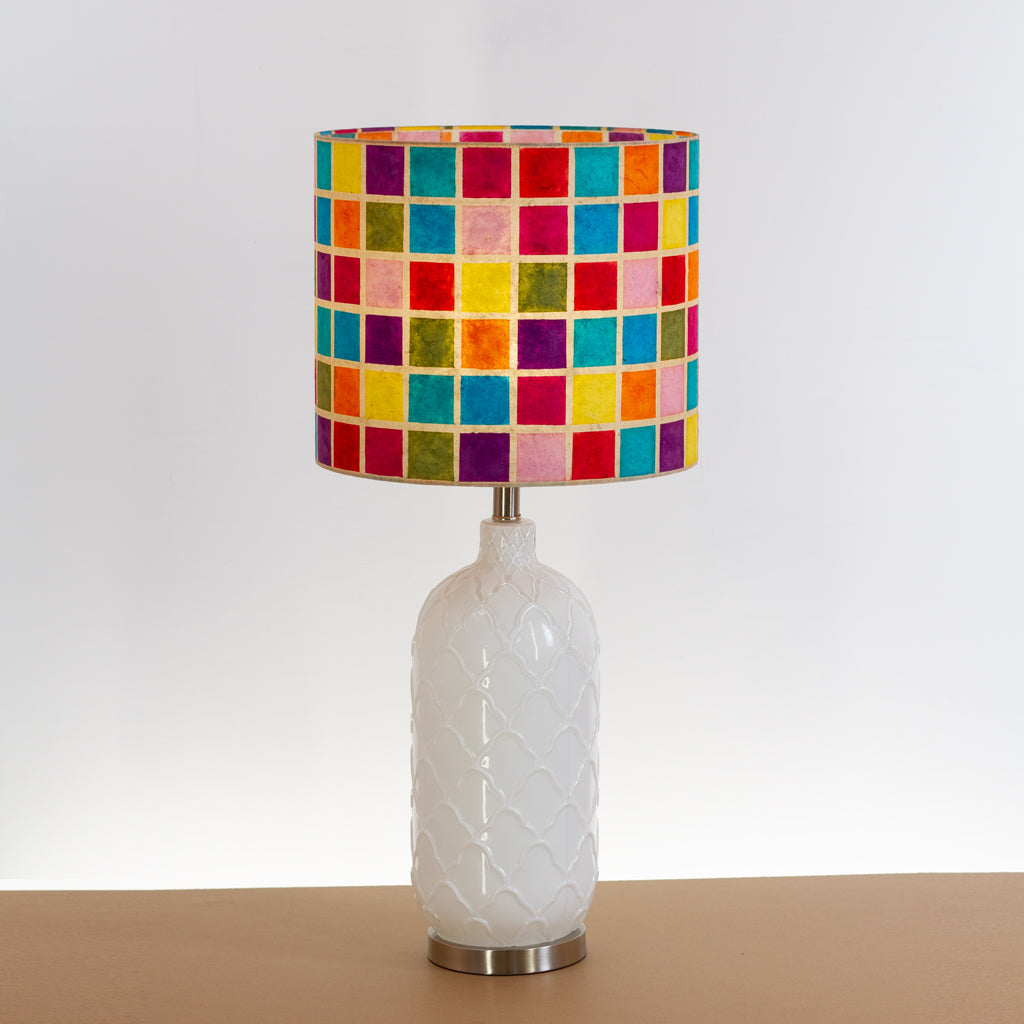 Pesa Tall Glass Touch Table Lamp Base in White Glass - Handmade Drum Lampshade (35cm x 30cm) P01 Batik Multi Square