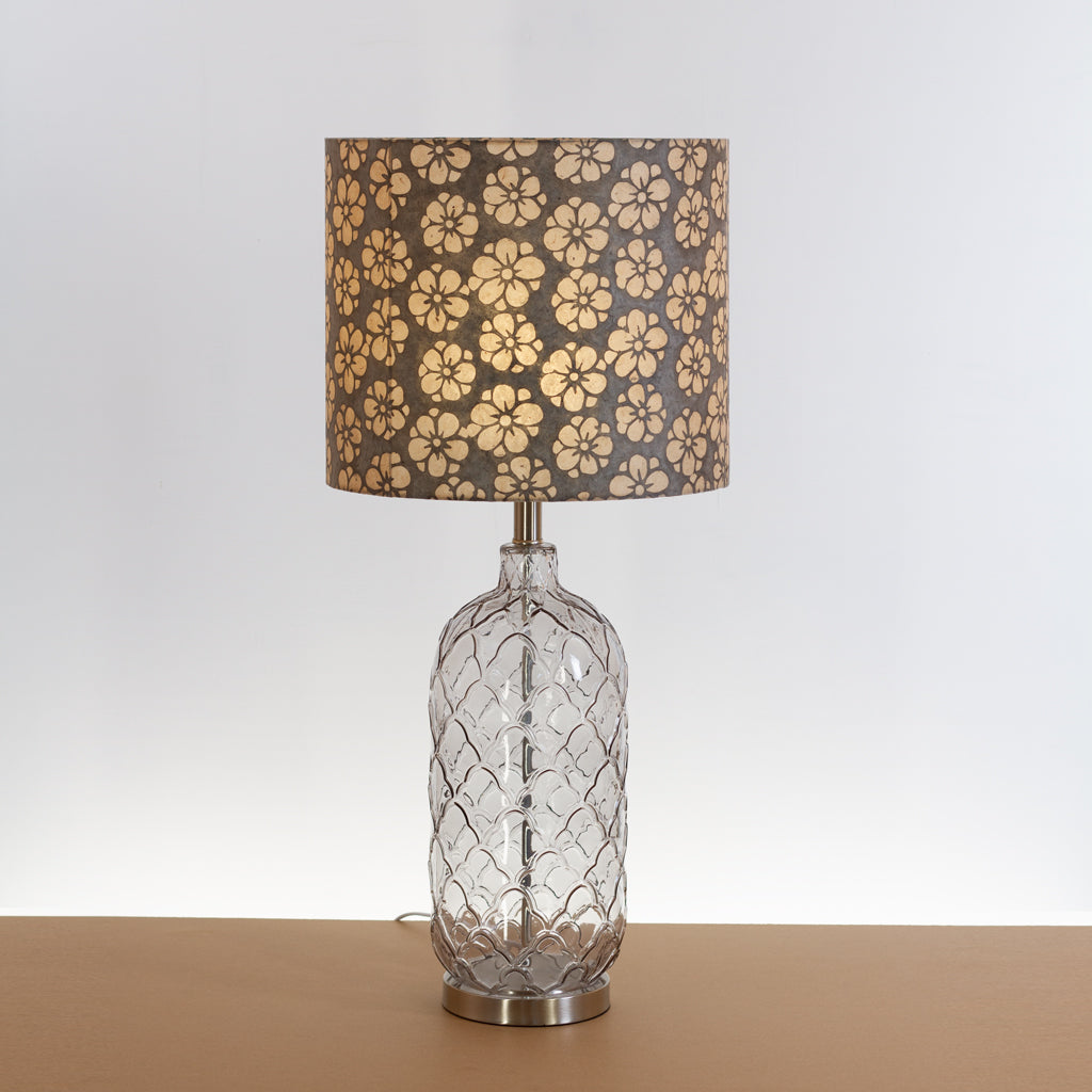 Pesa Tall Glass Touch Table Lamp Base in Smoked Glass - Handmade Drum Lampshade (35cm x 30cm) P77 ~ Batik Star Flower Grey