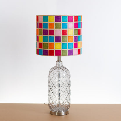 Pesa Tall Glass Touch Table Lamp Base in Smoked Glass - Handmade Drum Lampshade (35cm x 30cm) P01 Batik Multi Square