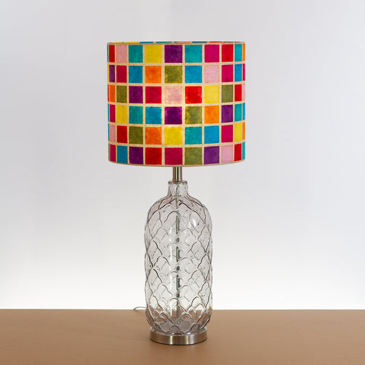 Pesa Tall Glass Touch Table Lamp Base in Smoked Glass - Handmade Drum Lampshade (35cm x 30cm) P01 Batik Multi Square