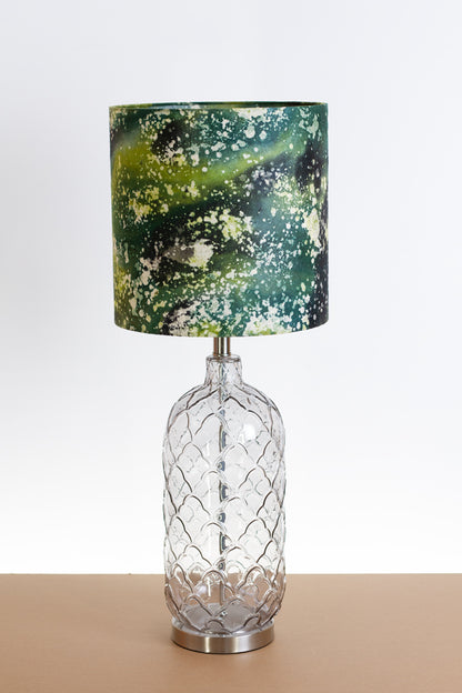 Pesa Tall Glass Touch Table Lamp Base in Smoked Glass - Handmade Drum Lampshade (30cm x 30cm) B114 ~ Batik Canopy Greens