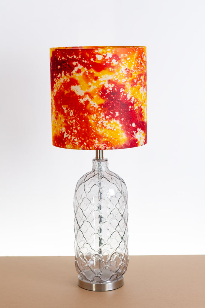 Pesa Tall Glass Touch Table Lamp Base in Smoked Glass - Handmade Drum Lampshade (30cm x 30cm) B112 ~ Batik Lava Red Orange