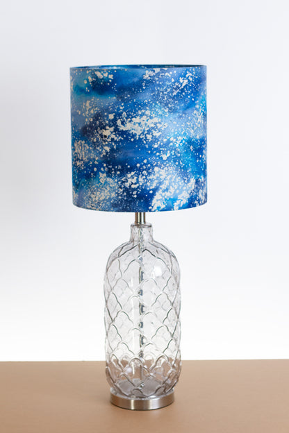 Pesa Tall Glass Touch Table Lamp Base in Smoked Glass - Handmade Drum Lampshade (30cm x 30cm) B113 ~ Batik Ocean Blues