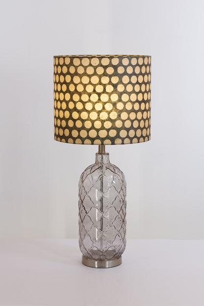 Pesa Tall Glass Touch Table Lamp Base in Smoked Glass - Handmade Drum Lampshade (35cm x 30cm) P78 ~ Batik Dots on Grey