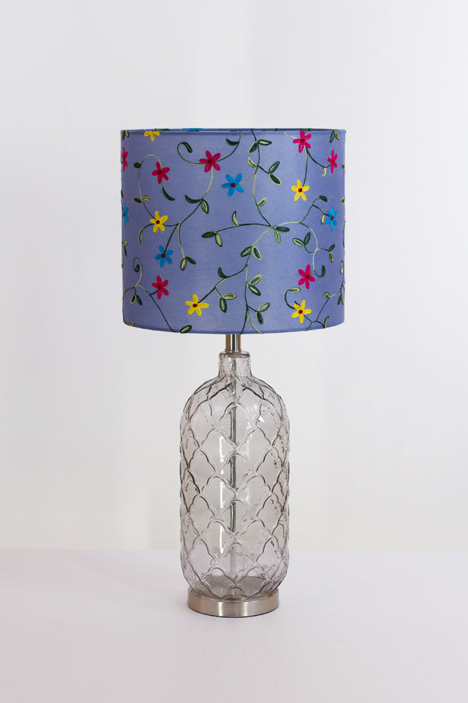 Pesa Tall Glass Touch Table Lamp Base in Smoked Glass - Handmade Drum Lampshade (35cm x 30cm) P46 ~ Embroidered Evening Blue