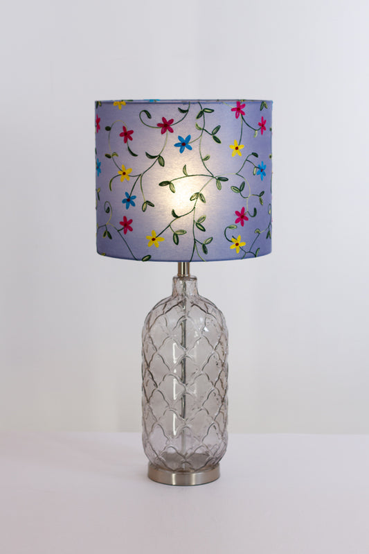 Pesa Tall Glass Touch Table Lamp Base in Smoked Glass - Handmade Drum Lampshade (35cm x 30cm) P46 ~ Embroidered Evening Blue