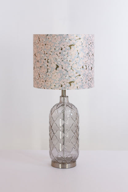 Pesa Tall Glass Touch Table Lamp Base in Smoked Glass - Handmade Drum Lampshade (35cm x 30cm) W02 ~ Pink Cherry Blossom on Grey