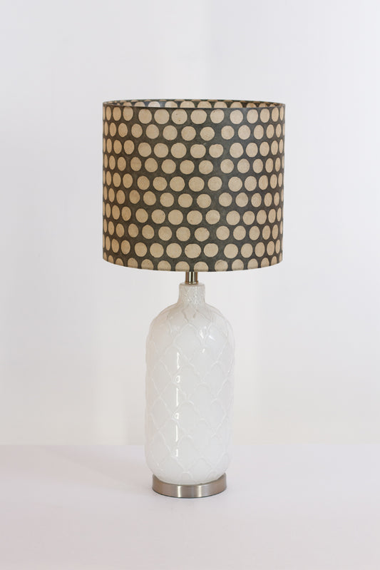 Pesa Tall Glass Touch Table Lamp Base in White Glass - Handmade Drum Lampshade (35cm x 30cm) P78 ~ Batik Dots on Grey