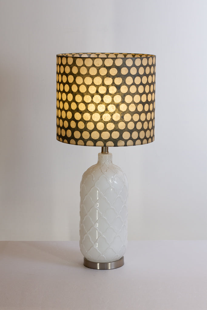 Pesa Tall Glass Touch Table Lamp Base in White Glass - Handmade Drum Lampshade (35cm x 30cm) P78 ~ Batik Dots on Grey