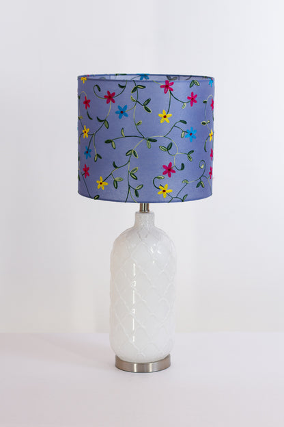 Pesa Tall Glass Touch Table Lamp Base in White Glass - Handmade Drum Lampshade (35cm x 30cm) P46 ~ Embroidered Evening Blue