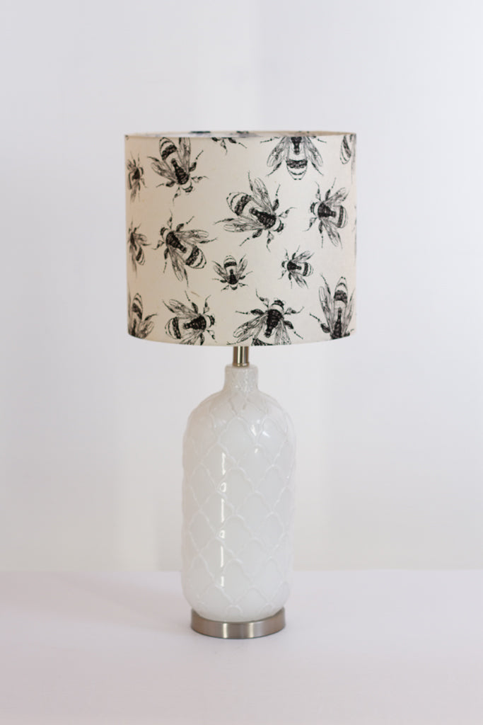 Pesa Tall Glass Touch Table Lamp Base in White Glass - Handmade Drum Lampshade (35cm x 30cm) P42 ~ Bees Screen Print on Natural Lokta