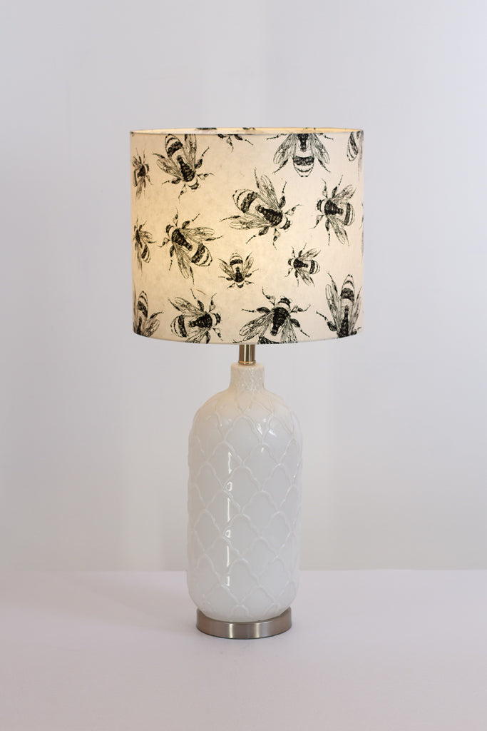 Pesa Tall Glass Touch Table Lamp Base in White Glass - Handmade Drum Lampshade (35cm x 30cm) P42 ~ Bees Screen Print on Natural Lokta