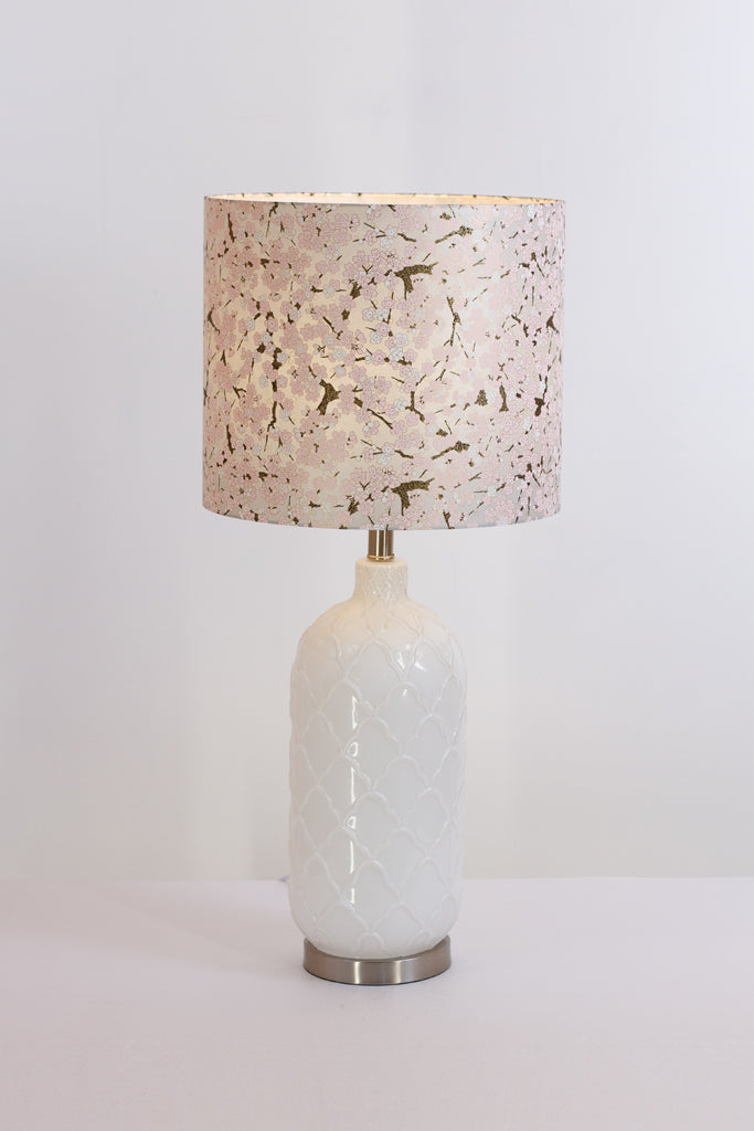 Pesa Tall Glass Touch Table Lamp Base in White Glass - Handmade Drum Lampshade (35cm x 30cm) W02 ~ Pink Cherry Blossom on Grey