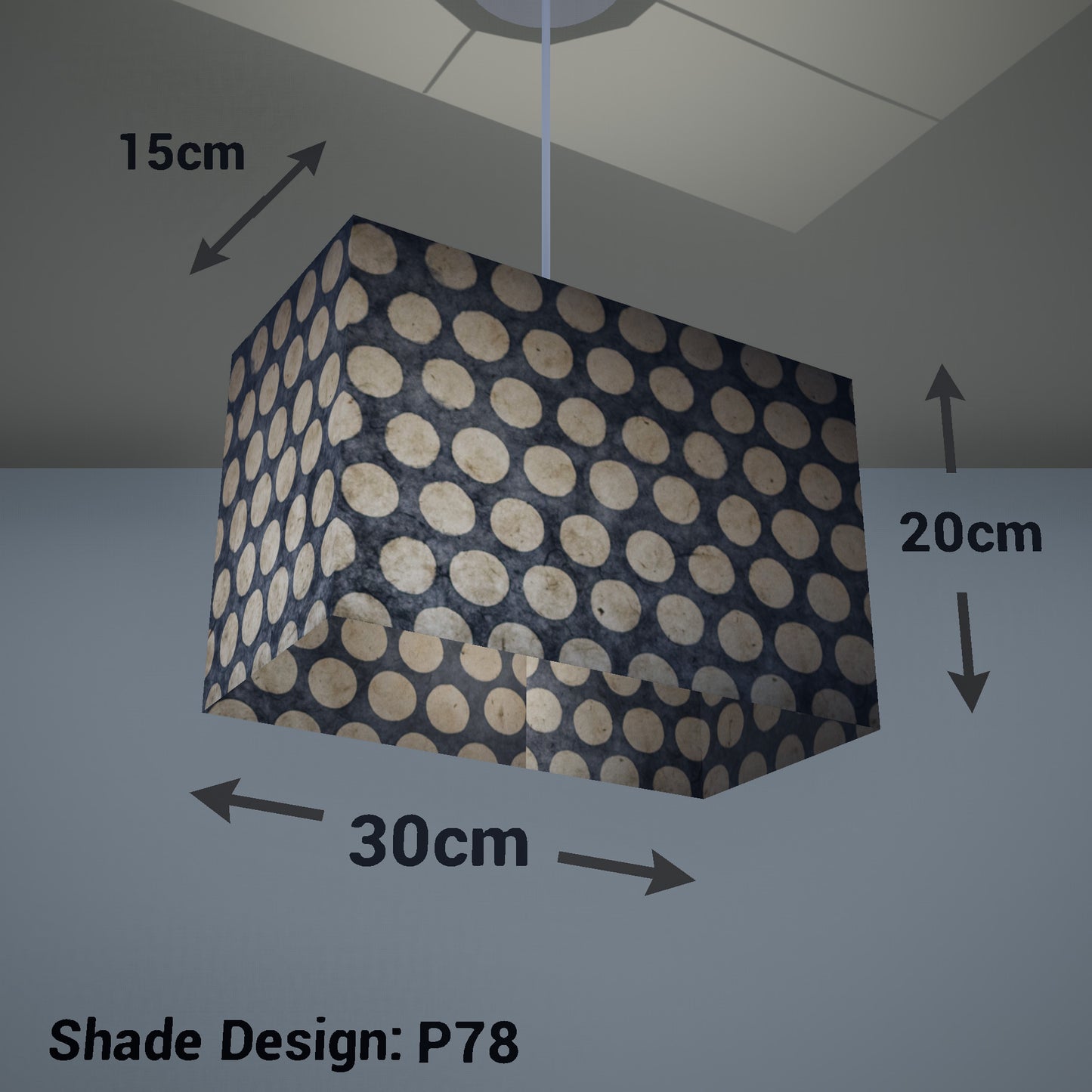 Rectangle Lamp Shade - P78 - Batik Dots on Grey, 30cm(w) x 20cm(h) x 15cm(d) - Imbue Lighting