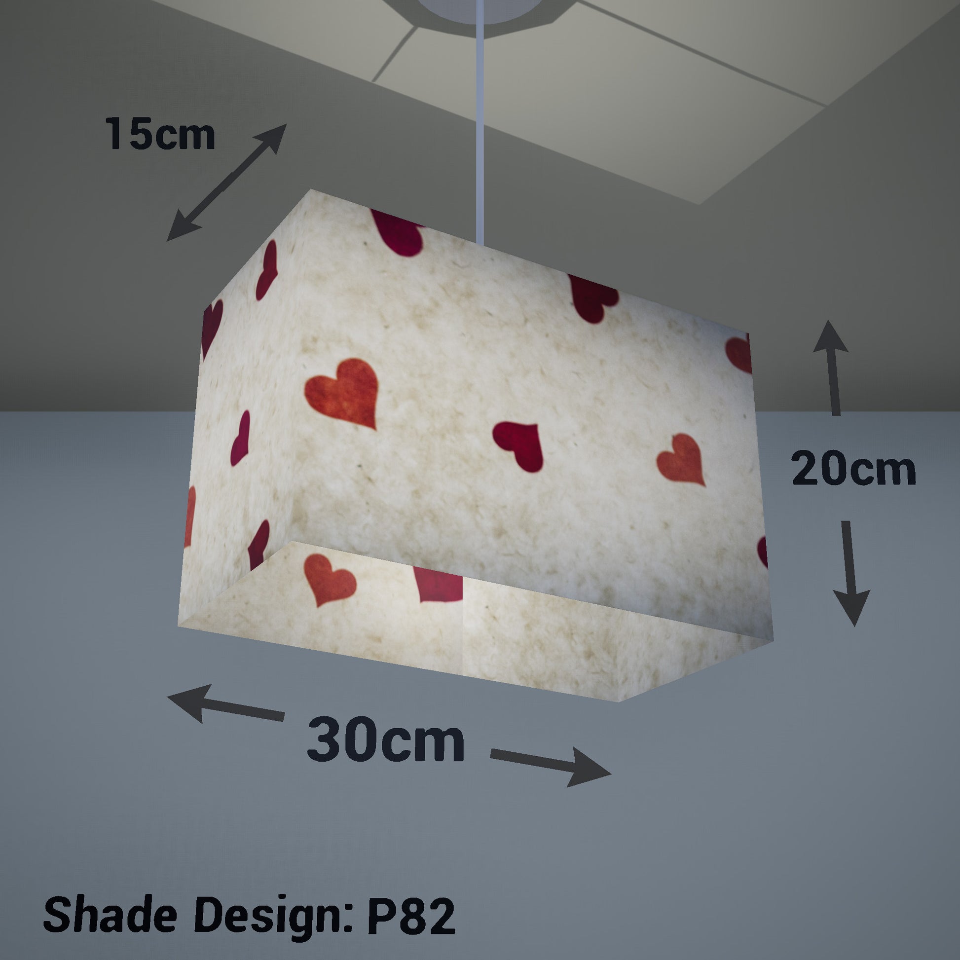 Rectangle Lamp Shade - P82 ~ Hearts on Lokta Paper, 30cm(w) x 20cm(h) x 15cm(d) - Imbue Lighting