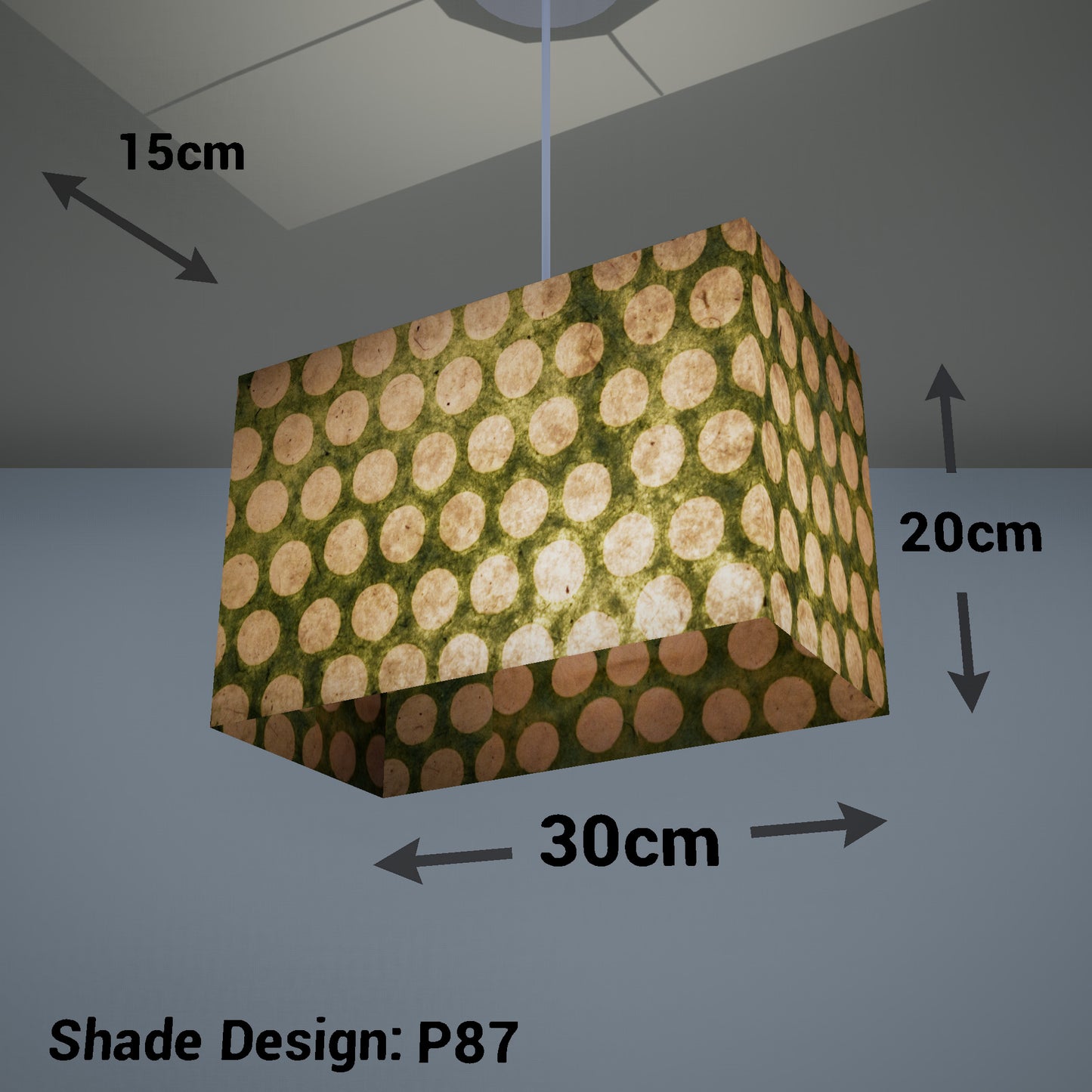 Rectangle Lamp Shade - P87 ~ Batik Dots on Green, 30cm(w) x 20cm(h) x 15cm(d)