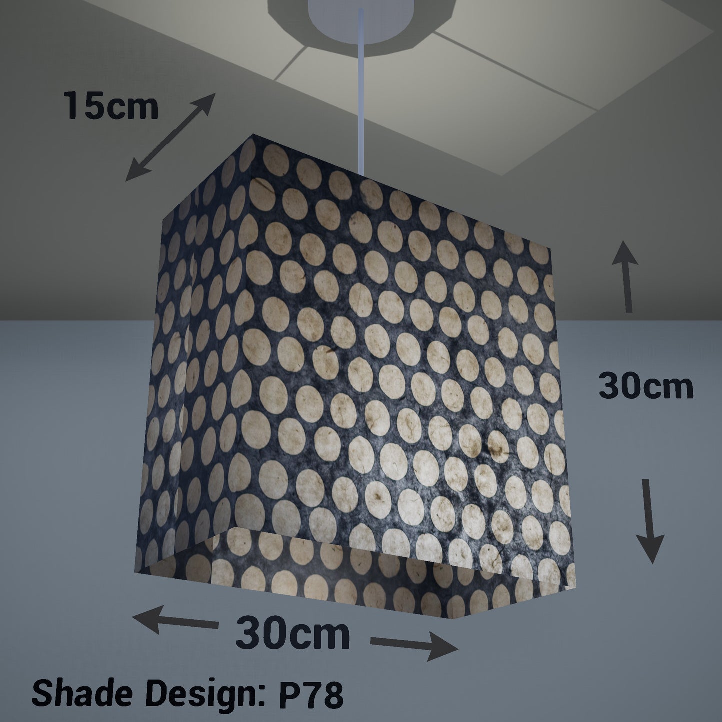 Rectangle Lamp Shade - P78 - Batik Dots on Grey, 30cm(w) x 30cm(h) x 15cm(d) - Imbue Lighting