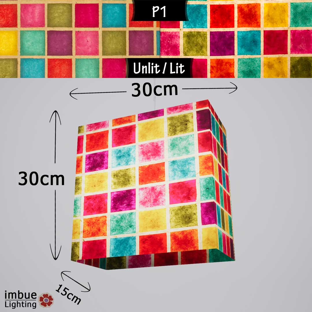 Rectangle Lamp Shade - P01 - Batik Multi Square, 30cm(w) x 30cm(h) x 15cm(d) - Imbue Lighting