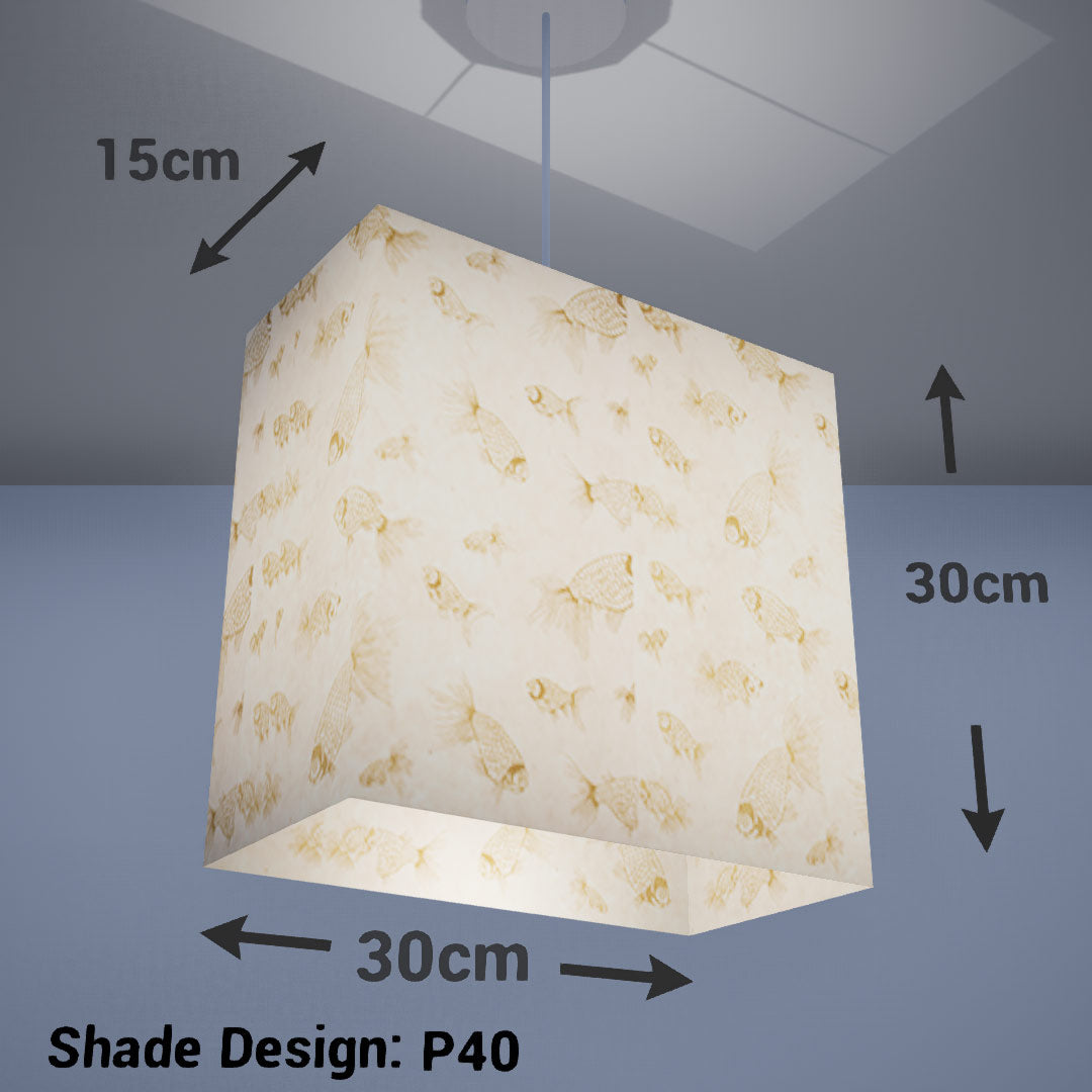 Rectangle Lamp Shade - P40 - Gold Fish Screen Print on Natural Lokta, 30cm(w) x 30cm(h) x 15cm(d) - Imbue Lighting