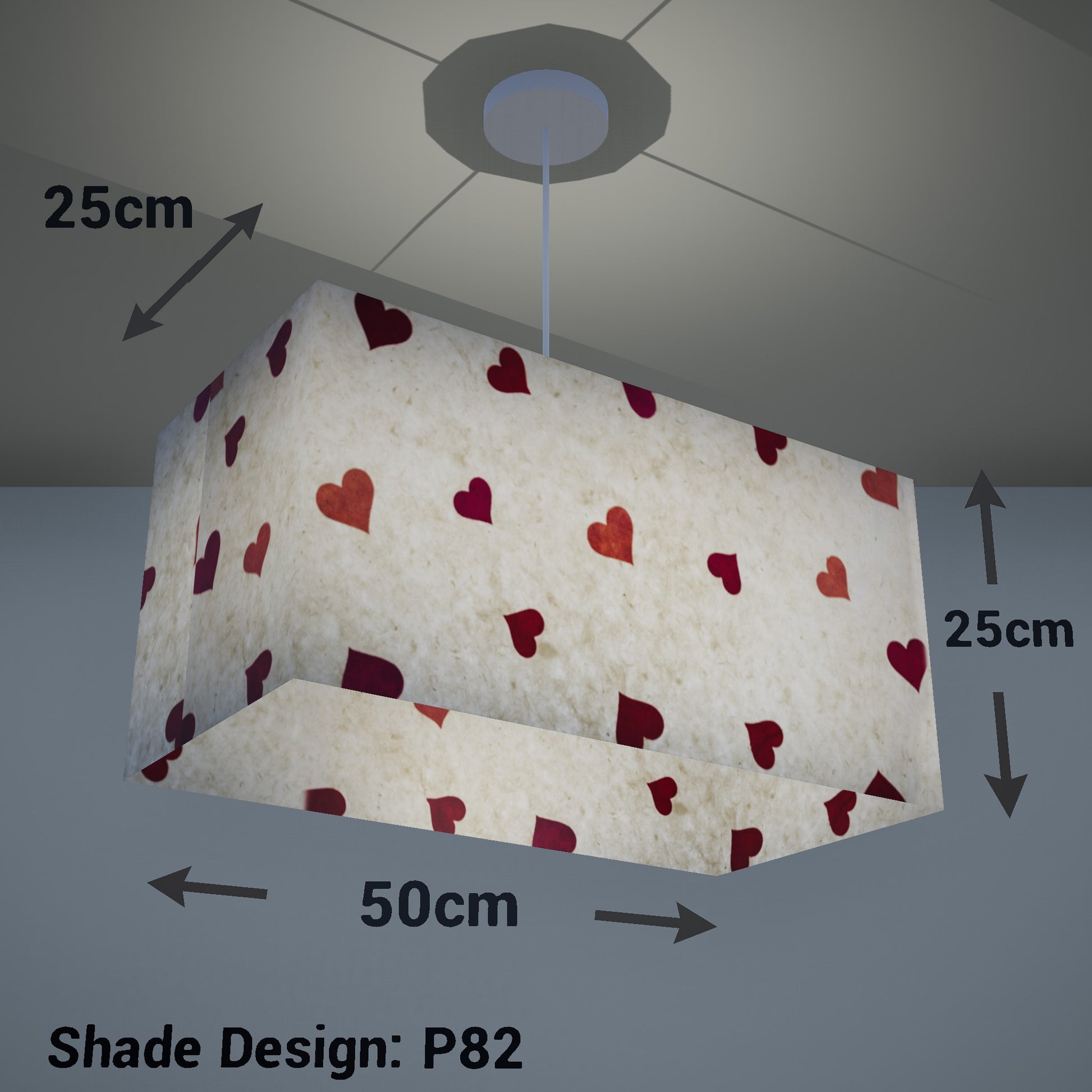 Rectangle Lamp Shade - P82 ~ Hearts on Lokta Paper, 50cm(w) x 25cm(h) x 25cm(d) - Imbue Lighting