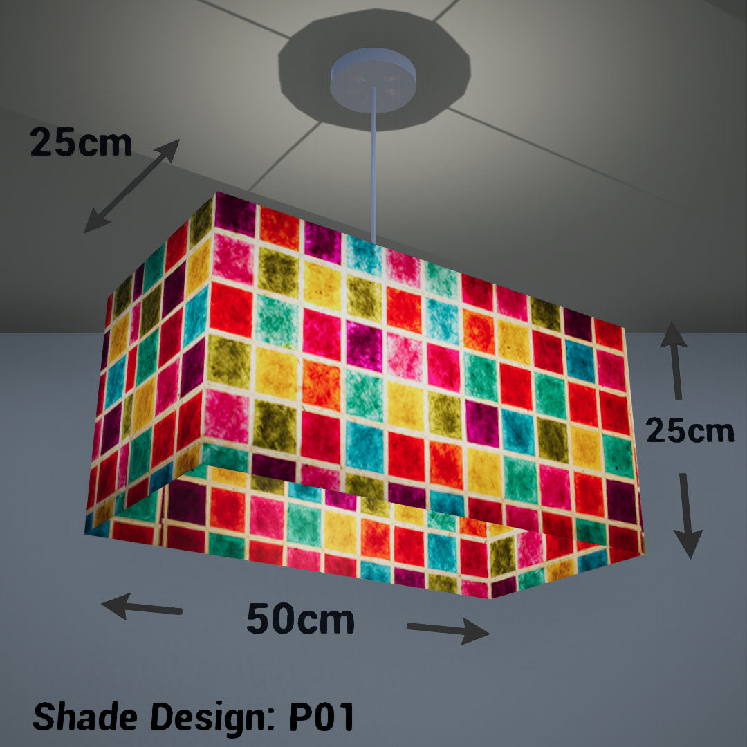Rectangle Lamp Shade - P01 - Batik Multi Square, 50cm(w) x 25cm(h) x 25cm(d) - Imbue Lighting